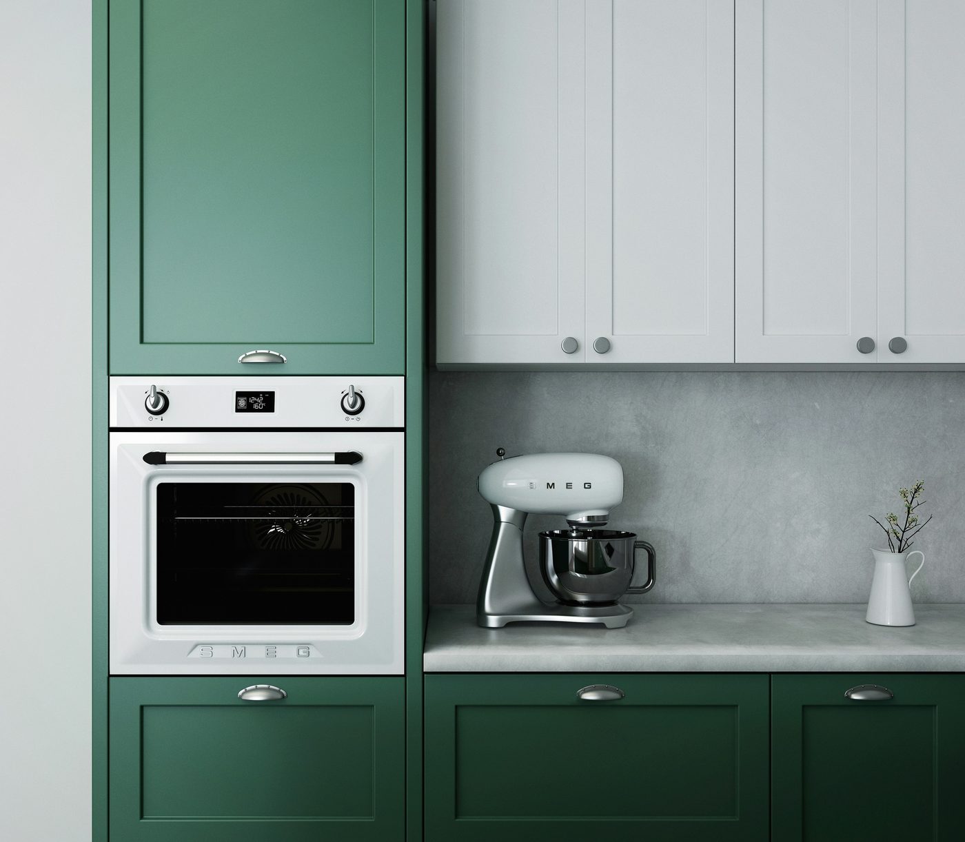 Modern kitchen with rich green painted cabinetry